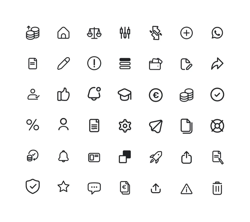 The 50K icon library: a grid of forty-two line icons covering trading, account, education and messaging actions