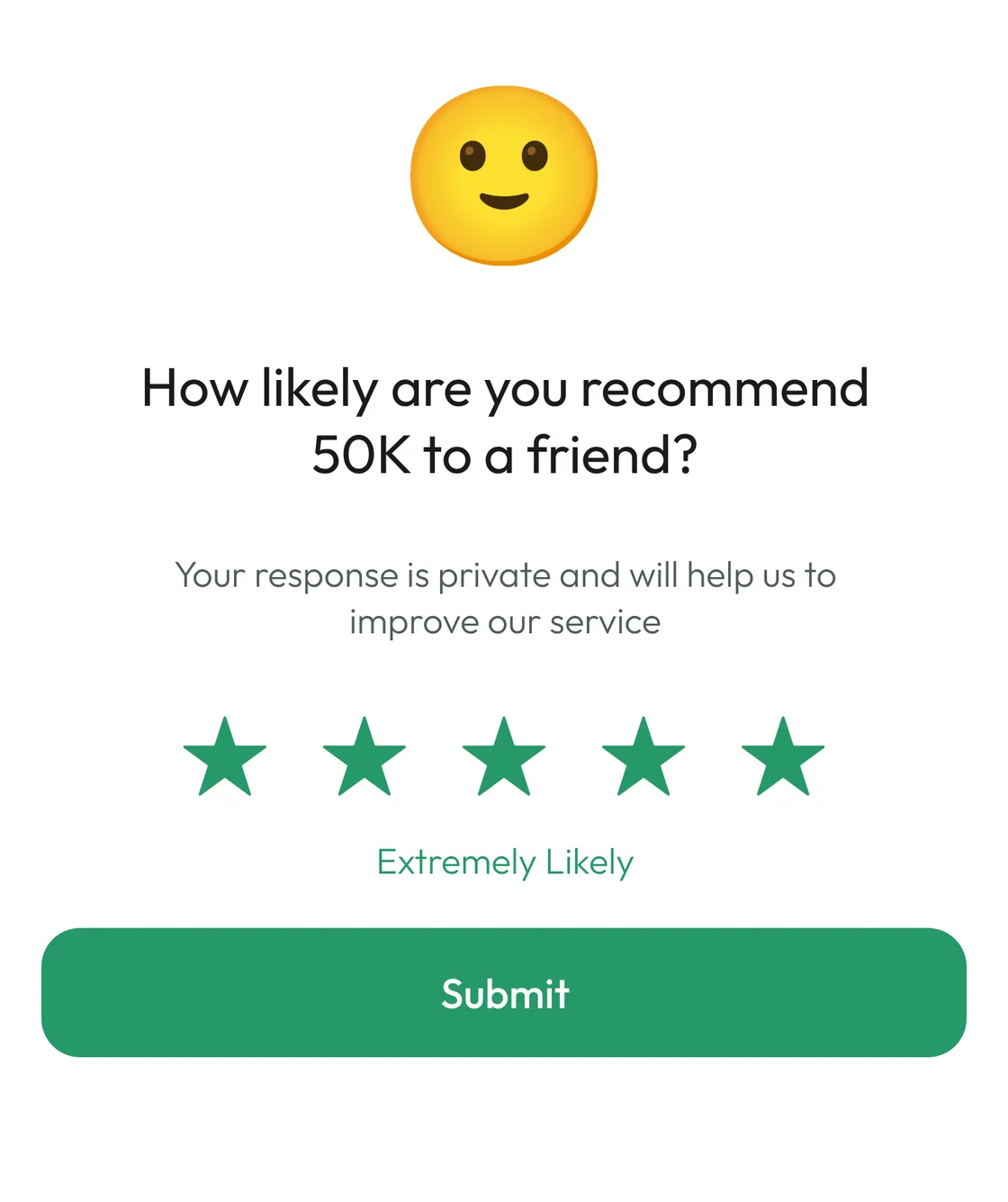 A 50K in-product survey screen asking how likely the user is to recommend 50K to a friend, with a five-star scale and a submit button