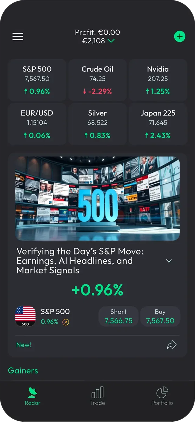 50K radar: market movers, indices and a market-news card