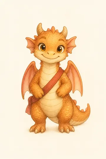 Dini the dragon with a satchel