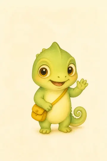 Kim the chameleon with a yellow bag