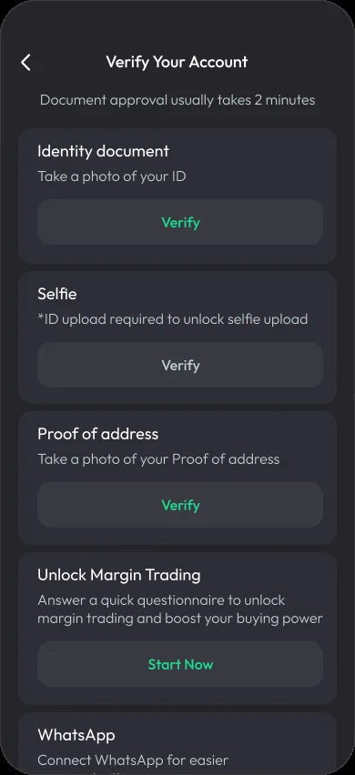 Verify Your Account: identity document, selfie, proof of address, unlock margin trading and WhatsApp, each with its own verify button