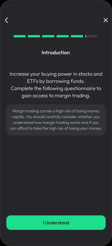 Margin questionnaire introduction: what margin trading does, a plain-language risk warning, and an I Understand button