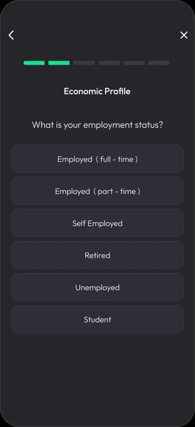 Economic profile step: what is your employment status, with six large options and a progress bar showing step two of six
