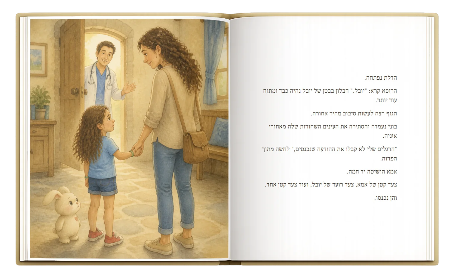 An open SmallHeroes book: Yuval and her mother at the clinic door with Buni the bunny beside them, and the Hebrew story text on the facing page
