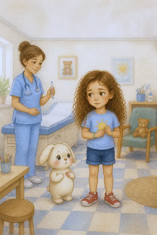 Book cover: the girl and the bunny standing with a nurse in a clinic
