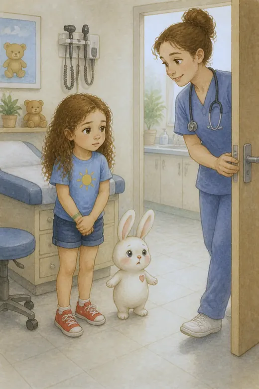 The girl and the bunny at the clinic door as a nurse opens it