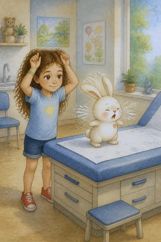 The bunny on the examination table with its ears up while the girl watches