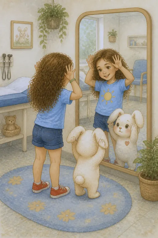 The girl looking into a mirror with the bunny beside her