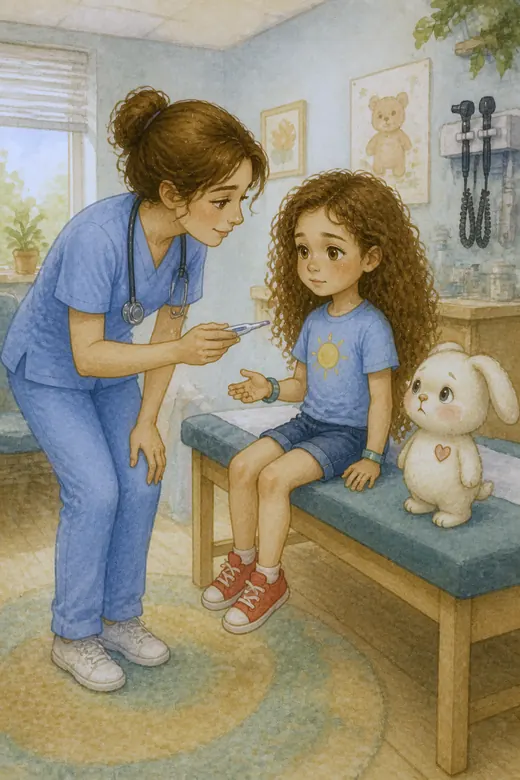 A nurse giving the girl an injection while the bunny sits next to her