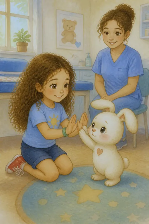 The girl kneeling and high-fiving the bunny at the end of the visit