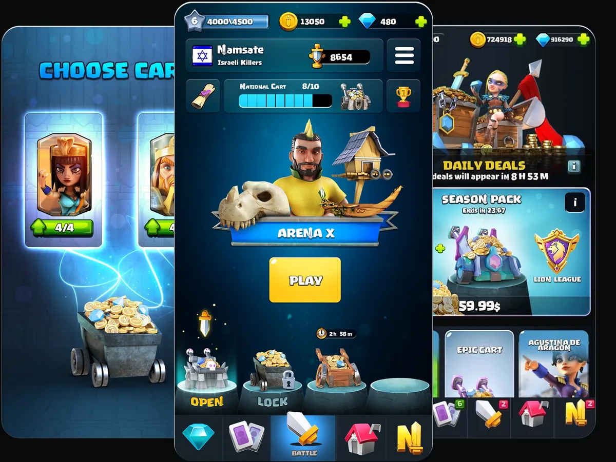 United Legends: the card selection screen, the arena home with progression and chests, and the shop with daily deals and season packs