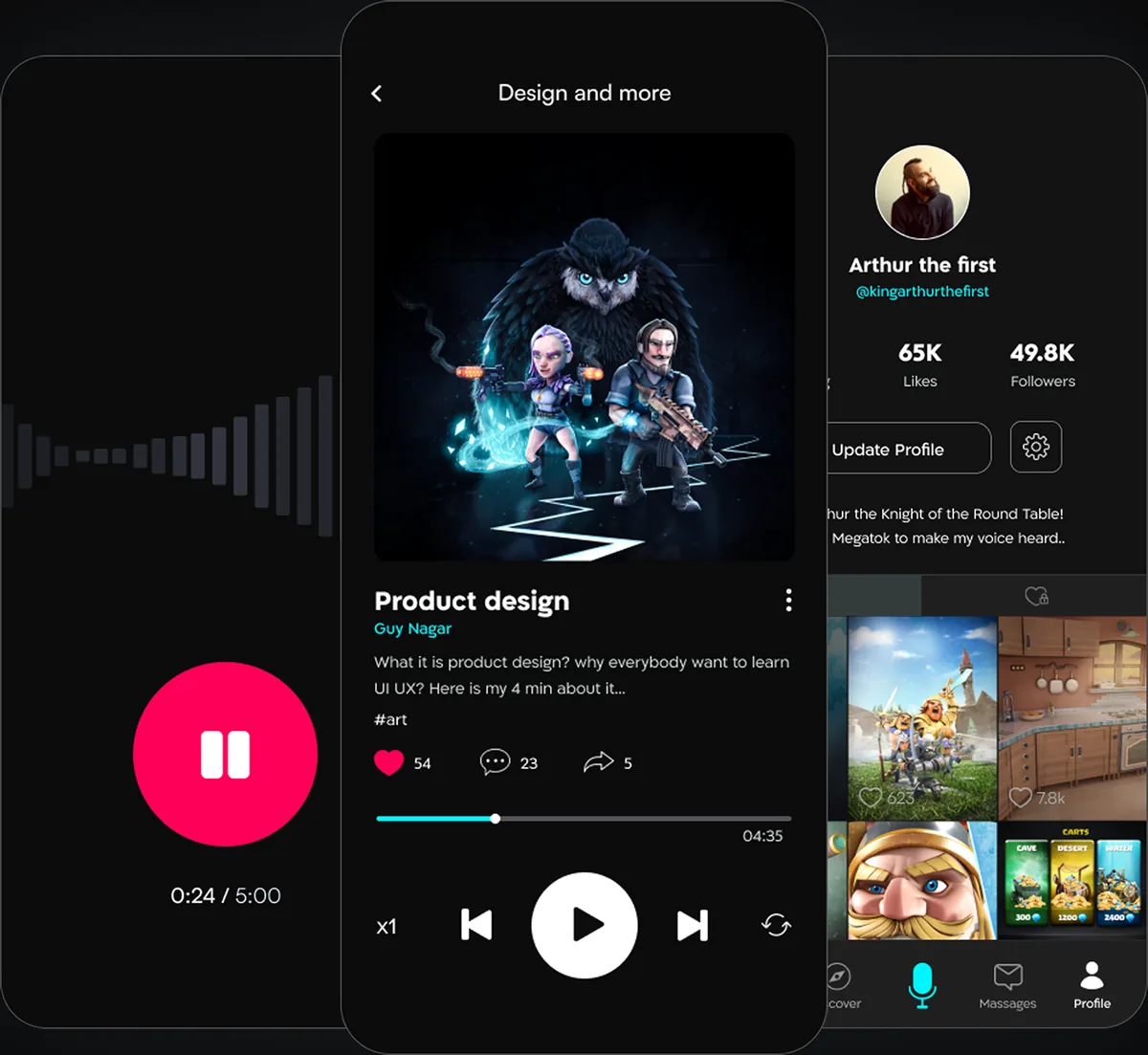 TOKast: the playing screen with a waveform, an episode page with artwork and controls, and a creator profile with follower counts